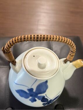 Kutani White Japanese Teapot with Blue Butterfly Design and Woven Handle